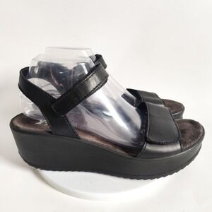 Imac Sandals Size 10/ 41 Black Leather Wedge‎ Heel Platform Ankle Strap Open Toe